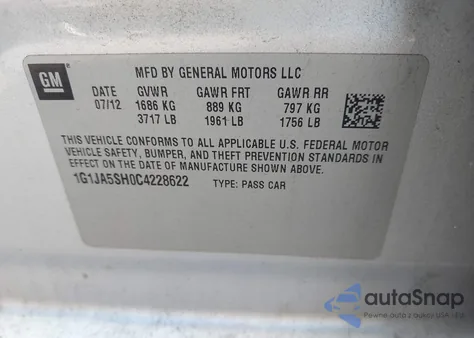 2012 Chevrolet Sonic 2Ls from USA, damaged, VIN 1G1JA5SH0C4228622